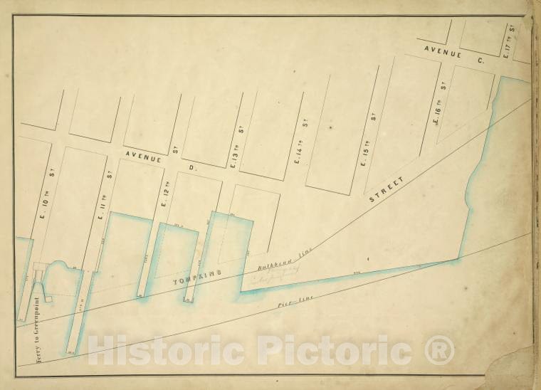 Historic Map - 1860 New York (N.Y.), [Ave D, C, E. 17Th, Pier - Line, E. 10Th; Tompkins, Ferry To Greenpoint, E. 11Th, E. 12Th, E. 13Th, E. 14Th, E. 15Th, E. 16Th] - Vintage Wall Art