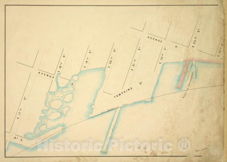 Historic Map - 1860 New York (N.Y.) [ B, A, E. 24Th, Bulkhead Line, E. 17Th; C, Tompkins, E. 18Th, E. 19Th, E. 20Th, E. 21St, E. 22Nd, E. 23Rd, Ferry To Greenpoint - Vintage Wall Art