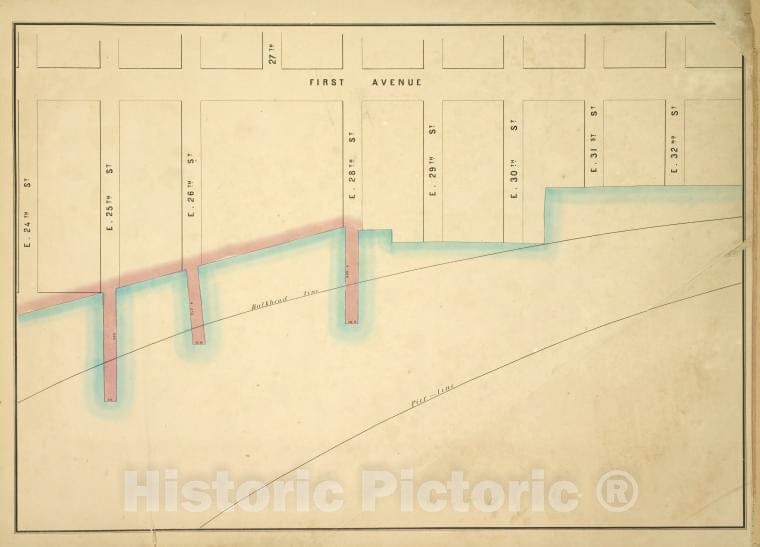 Historic Map - 1860 New York (N.Y.) [First, E. 32Nd St, Pier - Line, E. 24Th St; E. 25Th St, E. 26Th St, E. 27Th St, E. 28Th St, E. 29Th St, E. 30Th St, E. 31St St] - Vintage Wall Art