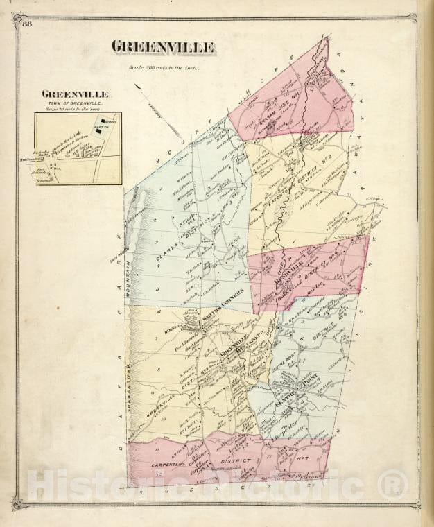 Historic Map - 1875 Orange County, New York (N.Y.), Greenville [Township]; Greenville [Village] - Vintage Wall Art