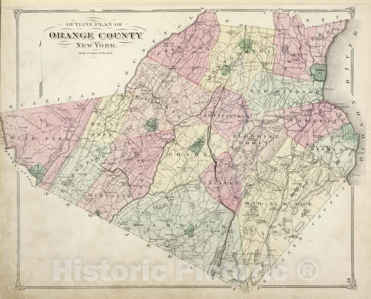 Historic Map - 1875 Orange County, New York (N.Y.), Outline Plan Of Orange County New York. - Vintage Wall Art