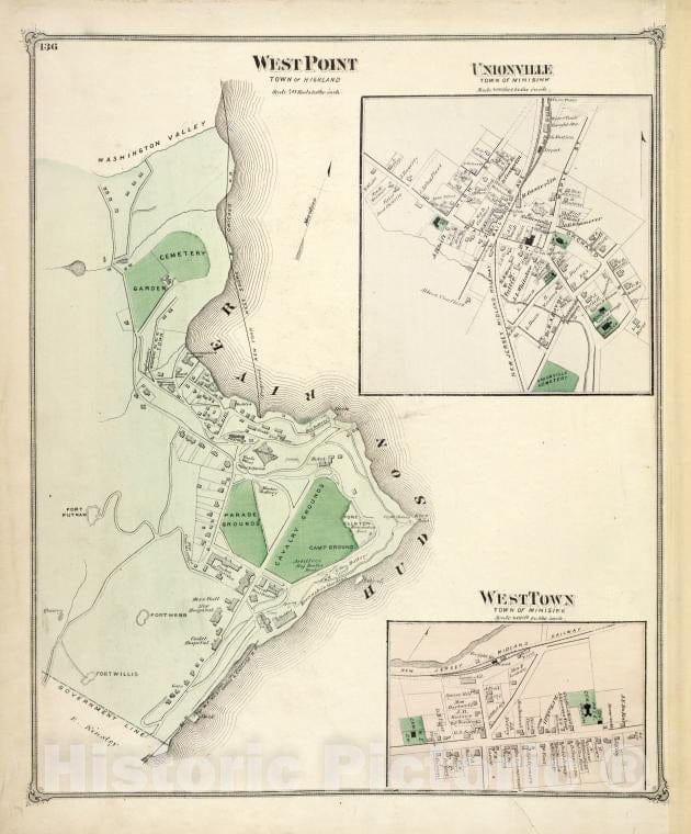 Historic 1875 Map - West Point [Village]; Unionville [Village]; West Town [Village] - Vintage Wall Art