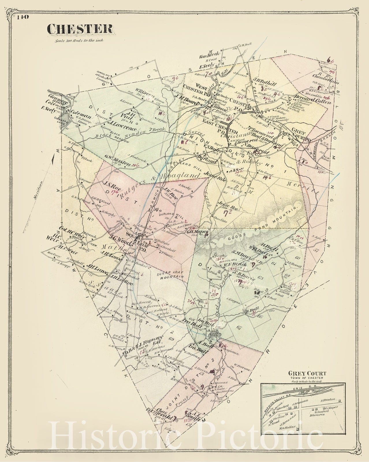 Historic Map - 1875 Orange County, New York (N.Y.), Chester [Township]; Grey Court [Village] - Vintage Wall Art