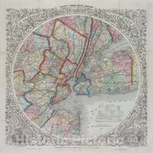 Historic 1873 Map - Map Of The Country Thirty Three Miles Around The City Of New York - New York Metropolitan Area - Maps Of New York City And State - Vintage Wall Art