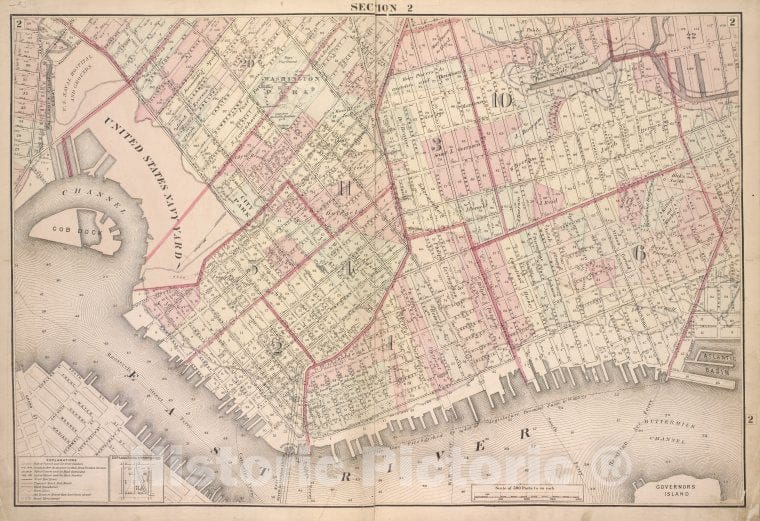 Historic Map - 1874 Brooklyn (New York, N.Y.) Double Page Section 2; [Including Wards 1, 2, 3, 4, 5, 6, 10,11, 20, 22] - Vintage Wall Art