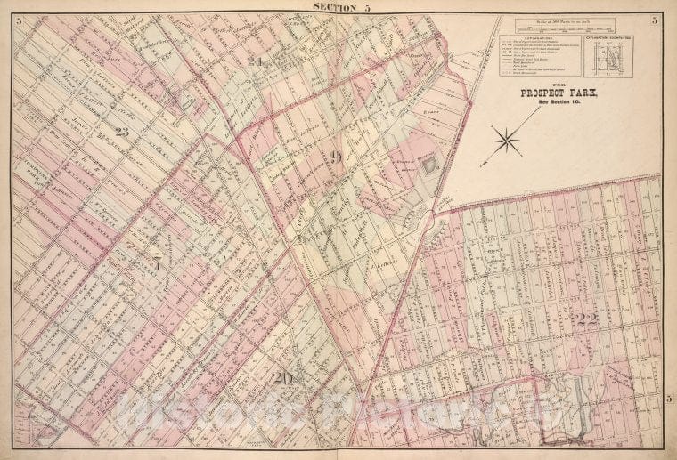 Historic Map - 1874 Brooklyn (New York, N.Y.) Double Page Section 5; [Including Wards 7, 9, 20, 22, 23] - Vintage Wall Art