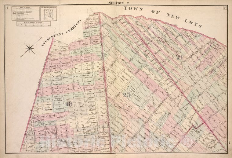 Historic Map - 1874 Brooklyn (New York, N.Y.) Double Page Section 7; [Including Wards 18, 24, 25] - Vintage Wall Art