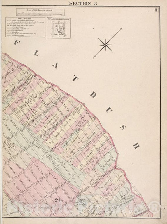 Historic 1874 Map - Brooklyn, Section 8; [Including Wards 24] - Brooklyn (New York, N.Y.)- Farm Line Map Of The City Of Brooklyn - Vintage Wall Art