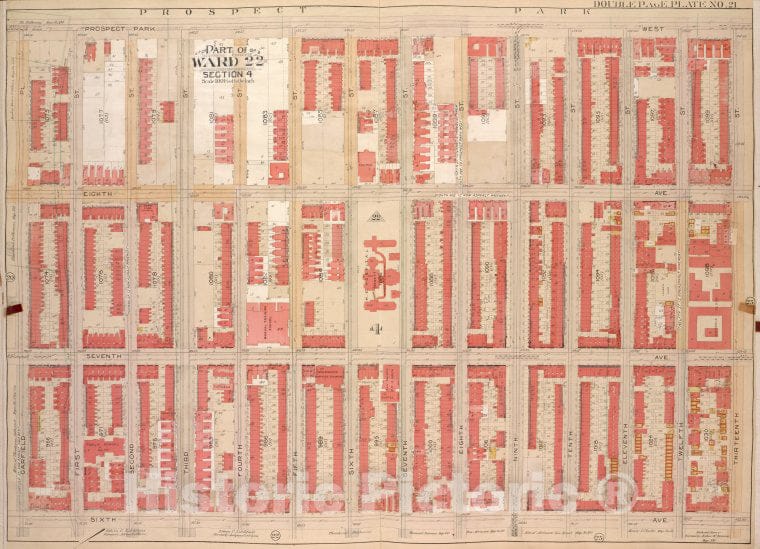Historic Map - 1903, Brooklyn (New York, N.Y.) Vol. 1, Plate No. 21; Part Of Ward 22, Section 4; [Prospect Park West, 13Th St; ] - Vintage Wall Art