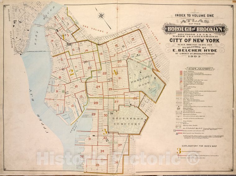 Historic Map - 1903 Brooklyn (New York, N.Y.), Atlas Of The Borough Of Brooklyn, Sections 1, 2, 3 & 4. Wards 1, 2, 3, 4, 5, 6, 8, 9, 10, 12 & 22 - Vintage Wall Art