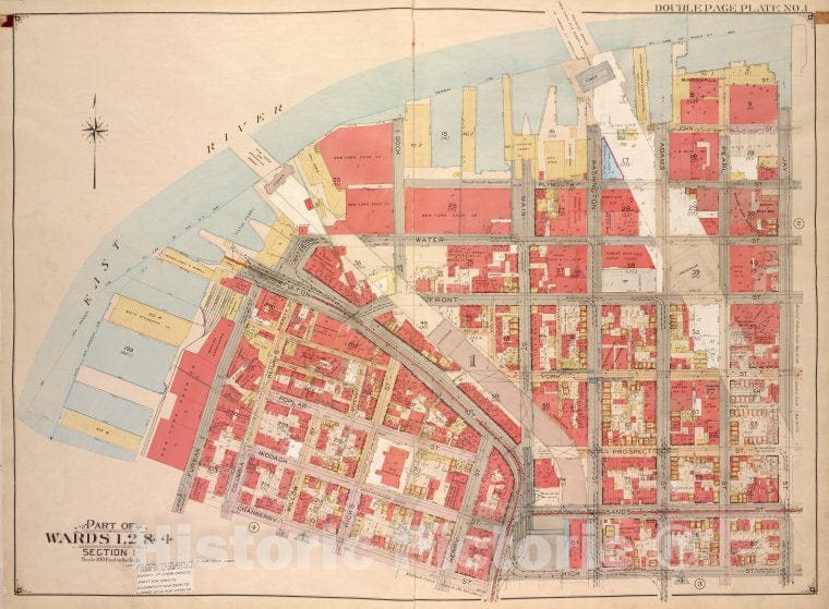 Historic Map - 1903 Brooklyn, (New York, N.Y.), Plymouth St Marshall St John St Jay St High St; Cranberry St Furman St Fulton St Water St Dock St. - Vintage Wall Art