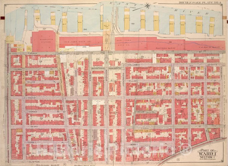 Historic Map - 1903, Brooklyn (New York, N.Y.) Part Of Wards 1, Section 1; [Atlantic Ave, Furman St, Columbia Heights; Cranberry St, Fulton St, Clinton St.] - Vintage Wall Art