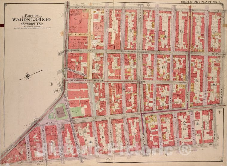 Historic Map - 1903, Brooklyn (New York, N.Y.) Vol. 1, Double Plate No. 6; Part Of Wards 1, 3, 6 & 10, Sections 1 & 2; [Bounded By Hoyt St, Warren St; ] - Vintage Wall Art