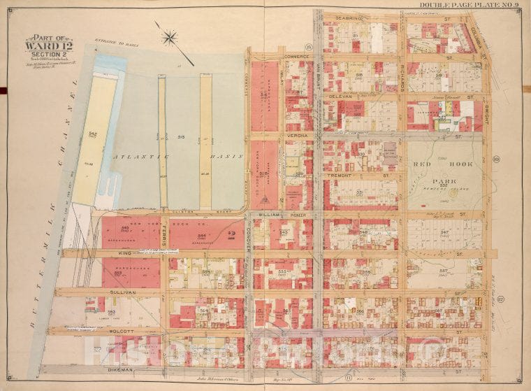 Historic Map - 1903 Brooklyn, (New York, N.Y.),Commerce St Seabring St Columbia St Dwight St Dkeman St; Wolcott St Sullivan St King St Clinton Wharf, Comm - Vintage Wall Art