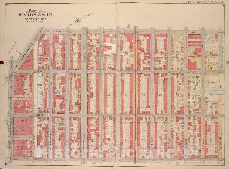 Historic Map - 1903, Brooklyn (New York, N.Y.) Vol. 1, No. 14; Part Of Wards 3 & 10, Section 1 & 2; [Bounded By 3Rd Ave, Douglass St, Hoyt St; ] - Vintage Wall Art