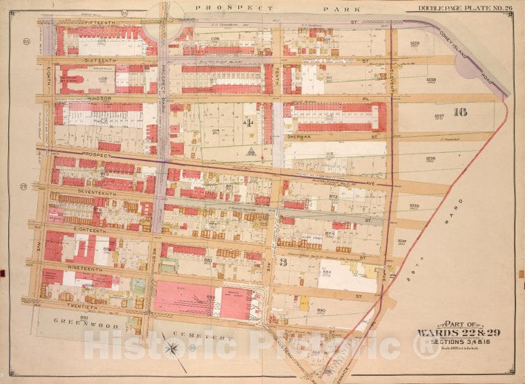 Historic Map - 1903 Brooklyn, (New York, N.Y.), 15Th St Coney Island Road, Old City Line, 11Th Ave; Terrace Pl, Gravesend Ave, 12Th St 8Th Ave.], Vintage Wall Art