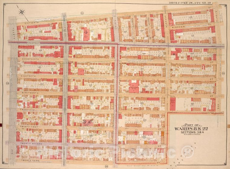 Historic Map - 1903, Brooklyn (New York, N.Y.) Vol. 1, No. 27; Part Of Wards 8 & 22, Sections 3 & 4; [Bounded By 16Th St, 8Th Ave, 12Th St; ] - Vintage Wall Art