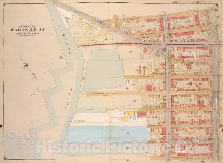 Historic Map - 1903, Brooklyn (New York, N.Y.) Vol. 1, No. 28; Part Of Wards 8 & 22, Sections 3&4; [Bounded By Hamilton Ave, 15Th St, 4Th Ave; ] - Vintage Wall Art
