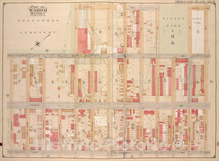 Historic Map - 1903, Brooklyn (New York, N.Y.) Vol. 1, Plate No. 33; Part Of Ward 8, Section 3; [Bounded By 6Th Ave, 44Th St, 3Rd Ave; ] - Vintage Wall Art
