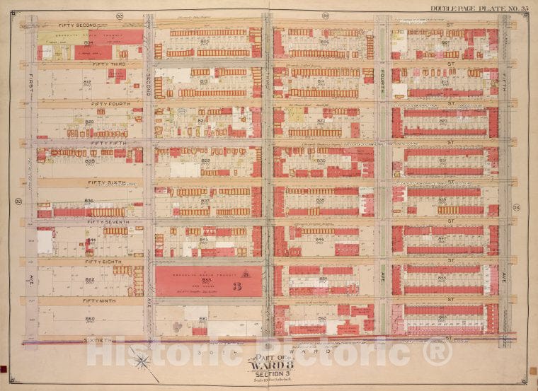 Historic Map - 1903 Brooklyn (New York, N.Y.) Vol. 1, Double Page Plate No. 35; Part Of Ward 8, Section 3; [52Nd St, 5Th Ave; Including 60Th St, 1St Ave.] - Vintage Wall Art