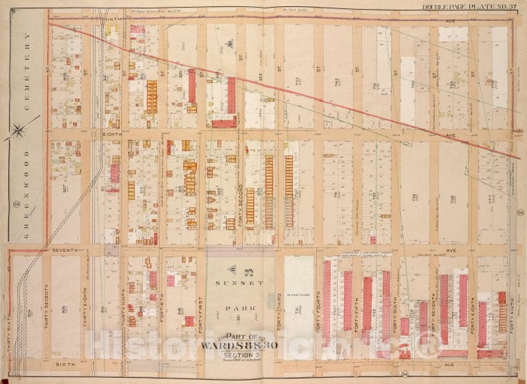 Historic Map - 1903 Brooklyn (New York, N.Y.) Vol. 1, Plate No. 37; Part Of Wards 8 & 30, Section 3; [9Th Ave, 49Th St; Including 6Th Ave, 36Th St.] - Vintage Wall Art