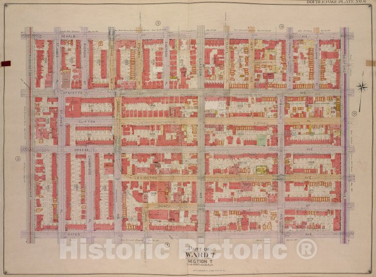 Historic Map - 1904, Brooklyn (New York, N.Y.) Vol. 2, Plate No. 6; Part Of Ward 7, Section 7; [De Kalb Ave, Bedford Ave; ] - Vintage Wall Art