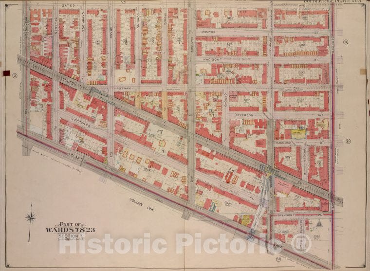 Historic Map - 1904, Brooklyn (New York, N.Y.) Vol. 2, Double Plate No. 7; Part Of Wards 7 & 23, Section 7; [Bounded By Gates Ave, Bedford Ave; ] - Vintage Wall Art