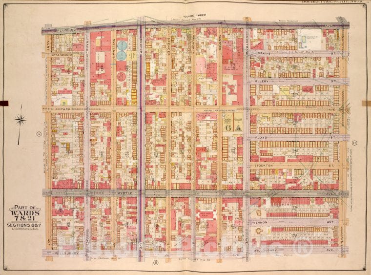 Historic Map - 1904, Brooklyn (New York, N.Y.) Vol. 2, No. 10; Part Of Wards 7 & 21, Sections 6 & 7; [Bounded By Flushing Ave, Marcy Ave; ] - Vintage Wall Art