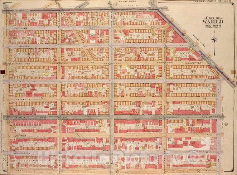 Historic Map - 1904, Brooklyn (New York, N.Y.) Vol. 2, Plate No. 11; Part Of Ward 21, Section 6; [Bounded By Flushing Ave, Broadway, Lewis Ave; ] - Vintage Wall Art