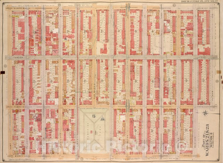 Historic Map - 1904, Brooklyn (New York, N.Y.) Vol. 2, No. 12; Part Of Wards 21 & 23, Section 6; [Bounded By Sumner Ave, Putnam Ave, Madison St; ] - Vintage Wall Art