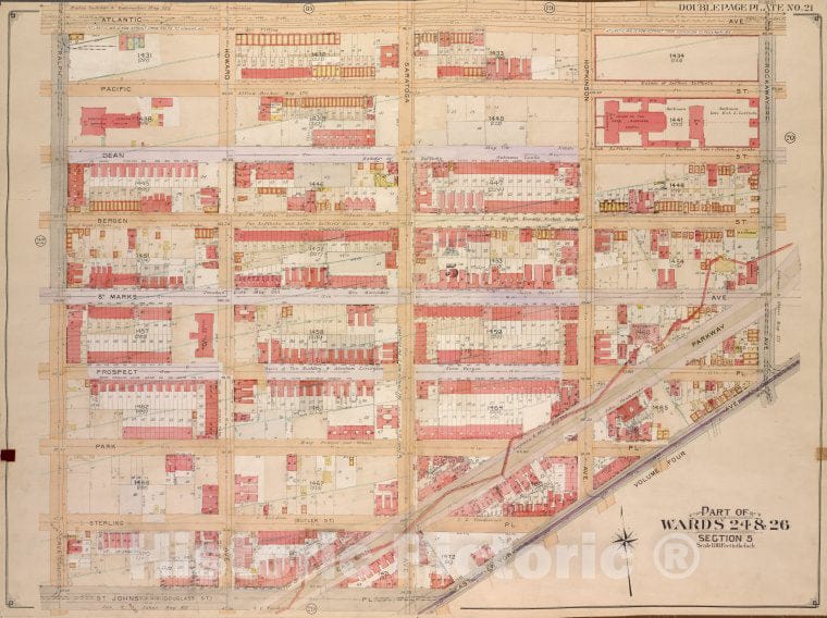 Historic Map - 1904 Brooklyn (New York, N.Y.) Wards 24 & 26, Section 5; [Atlantic Ave, Rockaway Ave, East New York Ave; St. Johns Pl. (Douglass St.), Ralph Ave.] - Vintage Wall Art