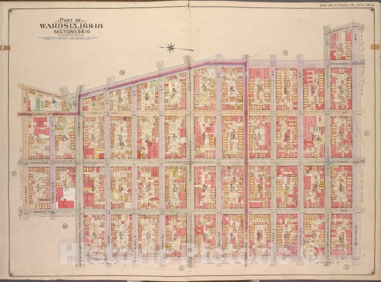 Historic Map - 1904 Brooklyn, (New York, N.Y.), Bushwick Ave, Bushwick Pl, Montrose Ave, Leonard St; Including Metropolitan Ave, Manhattan Ave, Skillman Ave. - Vintage Wall Art