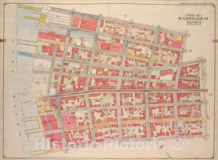 Historic Map - 1904, Brooklyn (New York, N.Y.) Vol. 3, No. 8; Part Of Wards 13 & 14, Section 8; [Bounded By North Fifth St, Roebling St; ] - Vintage Wall Art