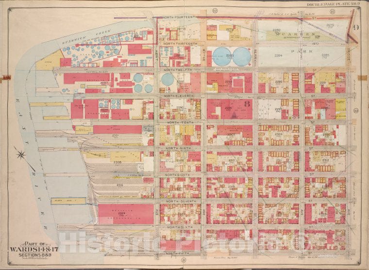 Historic Map - 1904 Brooklyn (New York, N.Y.) Part Of Wards 14 & 17, Sections 8 & 9; [North Fourteenth St, Driggs Ave, North Fifth St, East River, Bushwick Greek] - Vintage Wall Art