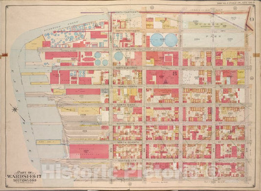 Historic Map - 1904 Brooklyn (New York, N.Y.) Part Of Wards 14 & 17, Sections 8 & 9; [North Fourteenth St, Driggs Ave, North Fifth St, East River, Bushwick Greek] - Vintage Wall Art