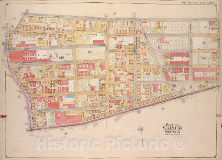 Historic Map - 1904, Brooklyn (New York, N.Y.) Vol. 3, No. 23; Part Of Ward 18, Section 10; [Bounded By Johnson Ave, Varick Ave; ] - Vintage Wall Art
