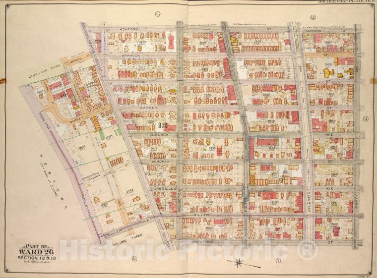Historic Map - 1905, Brooklyn (New York, N.Y.) Ward 26; Sections 12 & 13; [Ashford, Liberty Ave, Bradford, Jamaica Ave; Miller Ave, Highland Blvd, Warwick. - Vintage Wall Art