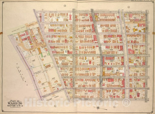 Historic Map - 1905, Brooklyn (New York, N.Y.) Ward 26; Sections 12 & 13; [Ashford, Liberty Ave, Bradford, Jamaica Ave; Miller Ave, Highland Blvd, Warwick. - Vintage Wall Art