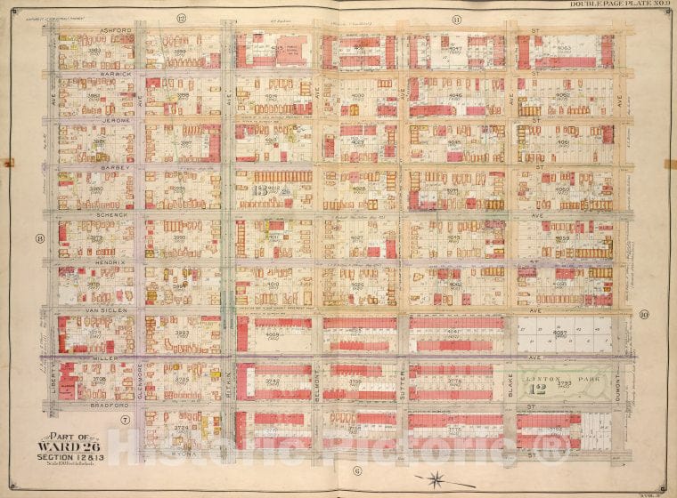 Historic Map - 1905, Brooklyn (New York, N.Y.) Part Of Ward 26; Sections 12 & 13; Ashford St, Dumont Ave, Wyona St; Glenmore Ave, Bradford St, Liberty Ave. - Vintage Wall Art