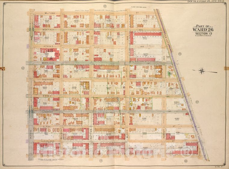 Historic Map - 1905, Brooklyn (New York, N.Y.) Vol. 4, Plate No. 11; Part Of Ward 26; Sections 13; [Milford St, New Lots Ave; ] - Vintage Wall Art