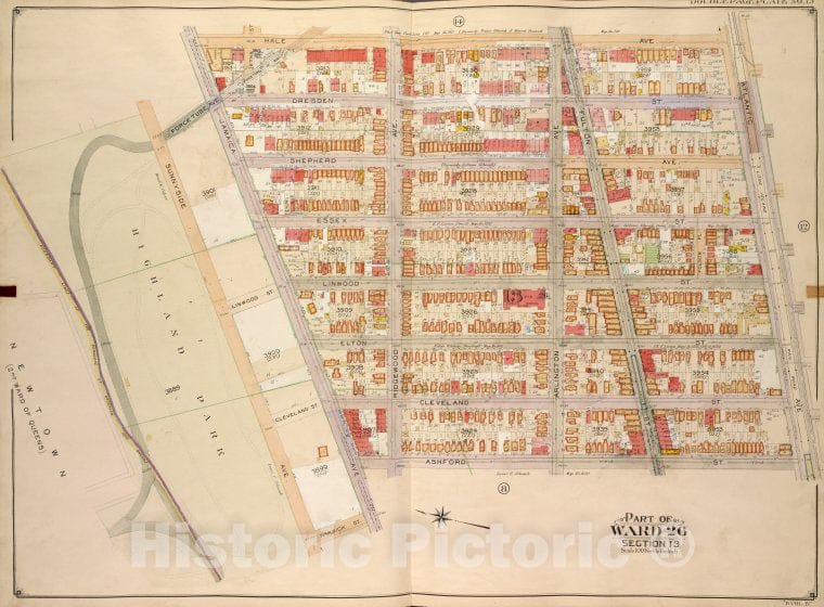 Historic Map - 1905, Brooklyn (New York, N.Y.) Part Of Ward 26; Sections 13; [Hale Ave, Atlantic Ave, Ashford St; Jamaica Ave, Warwick St, Sunnyside Ave.] - Vintage Wall Art