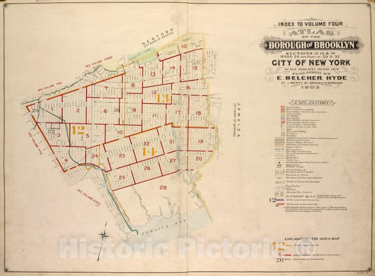 Historic Map - 1905 Brooklyn (New York, N.Y.),Borough Of Brooklyn. Sections 12, 13 & 14. Wards 26 And 29 & 32. City Of New York. E. Belcher Hyde, 97 Liberty, Brook - Vintage Wall Art