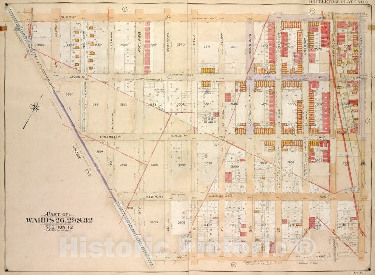 Historic Map - 1905, Brooklyn (New York, N.Y.) Vol. 4, No. 3; Part Of Wards 26, 29 & 32; Sections 12; [Bounded By Dumont Ave, Thatford St, Lott Ave; ] - Vintage Wall Art