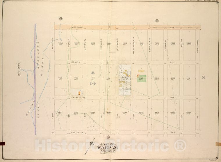 Historic Map - 1905, Brooklyn (New York, N.Y.) Vol. 4, Plate No. 25; Part Of Ward 26; Sections 14; [Bounded By Wortman Ave, Bradford St; ] - Vintage Wall Art