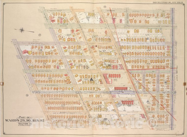 Historic Map - 1906, Brooklyn (New York, N.Y.) Ward 29, 30, 31 & 32, Section 16; [E. 21St, Kenmore Pl, Ave G, Argyle Road; Dorchester Road, E. 19Th, Ditmas Ave. - Vintage Wall Art