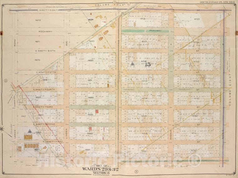 Historic Map - 1906, Brooklyn (New York, N.Y.) Vol. 5, Plate No. 6; Part Of Wards 29 & 32, Section 15; [Bounded By E. Ninety Eight St, Ave B; ] - Vintage Wall Art
