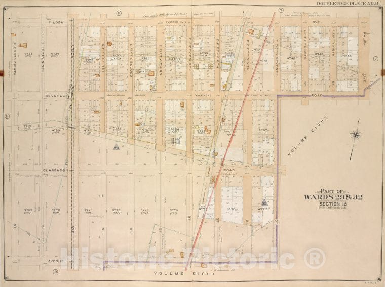 Historic Map - 1906, Brooklyn (New York, N.Y.) Part Of Wards 29 & 32, Section 15; Tilden Ave, Ralph Ave, Beverley Road (Ave B); E. 57Th St, Ave D, E. 48Th St. - Vintage Wall Art