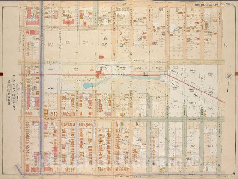 Historic Map - 1906, Brooklyn (New York, N.Y.) Vol. 5, Plate No. 13; Part Of Wards 29 & 32, Section 16; [Ave D, E. 40Th St; ] - Vintage Wall Art