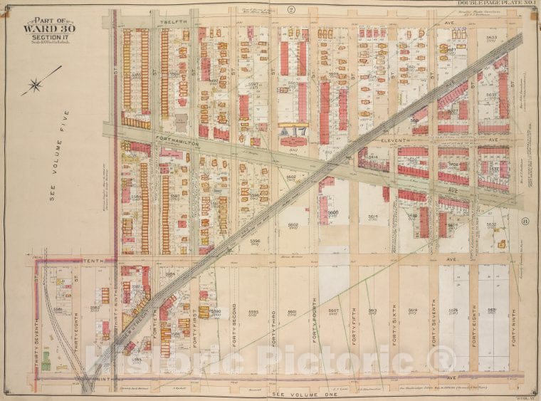 Historic Map - 1905, Brooklyn (New York, N.Y.) Vol. 6, Plate No. 1; Part Of Ward 30, Section 17; [Bounded By 12Th Ave, 49Th St, 9Th Ave; ] - Vintage Wall Art