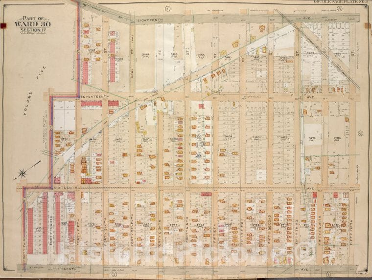 Historic Map - 1905, Brooklyn (New York, N.Y.) Vol. 6, No. 3; Part Of Ward 30, Section 17; [Bounded By 18Th Ave, 55Th St, 15Th Ave; ] - Vintage Wall Art